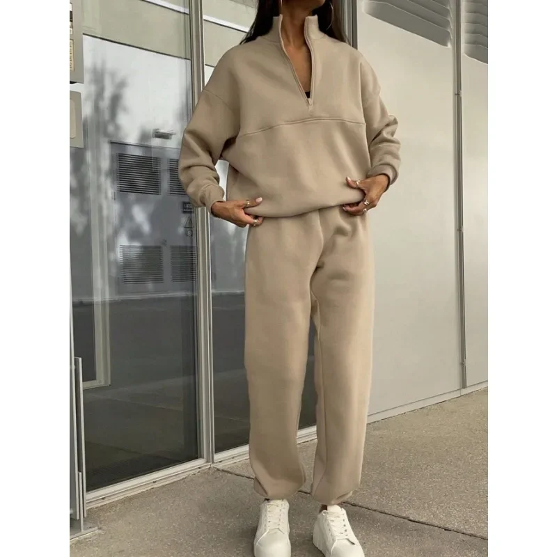 2-piece Casual Pants Sets Women\'s Solid Zipper Jacket Sweatshirt High-waisted Pants Suit Autumn Winter Tracksuit Oversized Suit