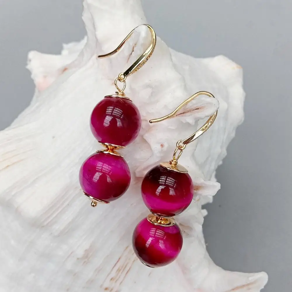 Y·YING Natural Tiger Eye Drop Earrings Fuchsia Color For Women Earring