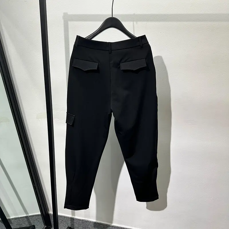 Avant-Garde Fashion Spring and Autumn Multi-Pocket Loose Ankle-Tied Pants Simple Solid Color Design Tooling Tapered Pants