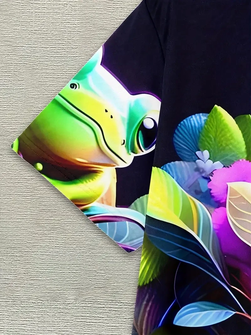 Camiseta masculina plus size com estampa de sapo 3D, solta e casual, macia, confortável e respirável, esportes ao ar livre