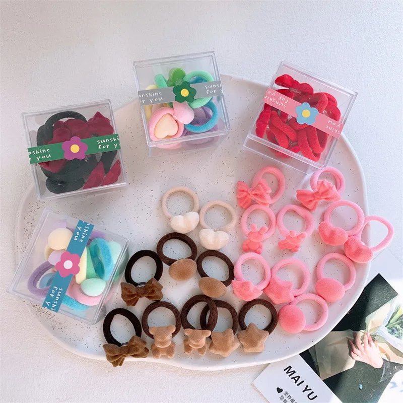 10pcs/box Cute Bow Heart Hair Rubber Bands For Baby Girls Elastic Nylon Hair Tie Kids Ponytail Holder Hair Rope Small Red Hairba