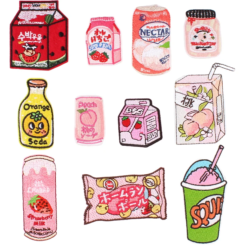 1 piece Cute Fruits Drinks Milk Soda Bottle Patches Cartoon Embroidery Stickers Iron On Clothing Backpack Badge Sewing Appliques