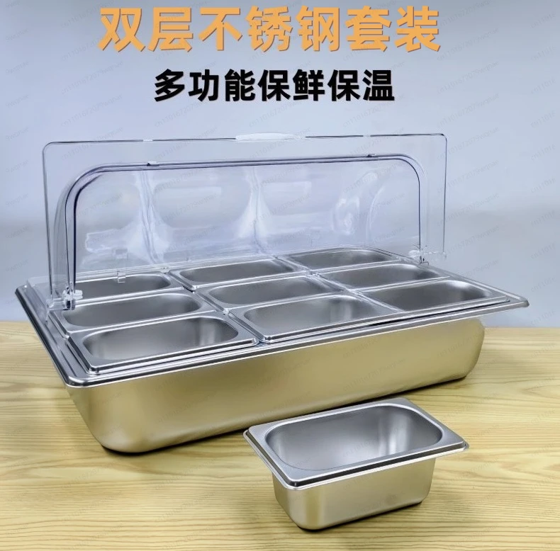 

Countertop food container with 6 pans, condiment dispenser for salad dressing, appetizer, and fruit cold serving buffet tray