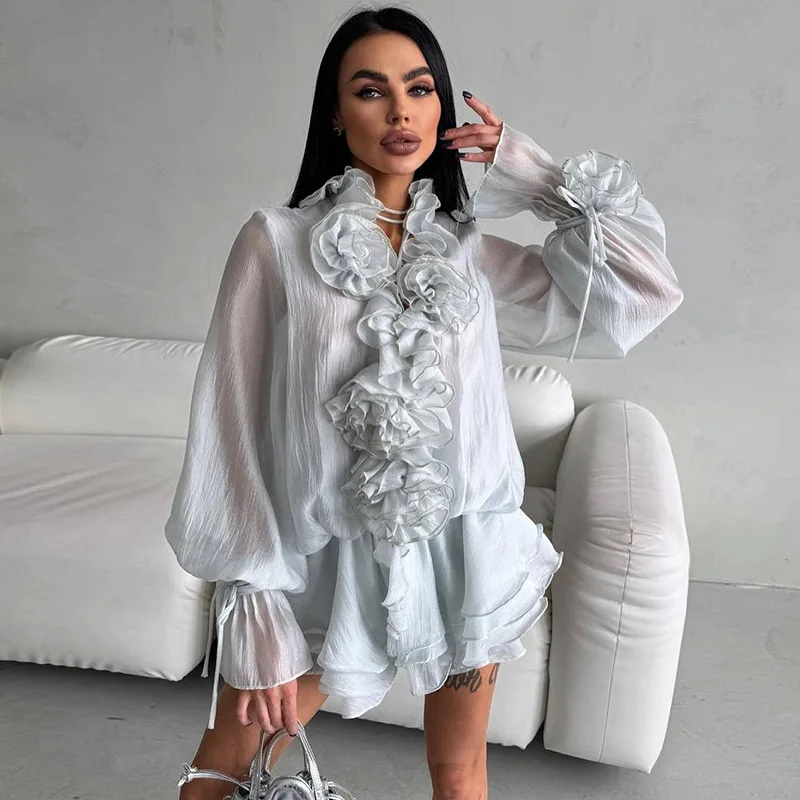Polyester fiber women's clothing 2025 summer new design sense three-dimensional flower lantern sleeve shirt shorts fashion set