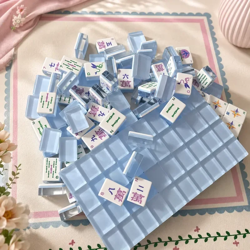 Three-layer transparent light blue American mahjong set, exquisite floral style pattern mahjong home casual table game gift