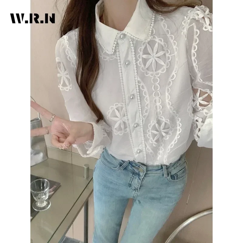 Women Elegant Sweet Turn Down Collar Solid Long Sleeve Shirt 2025 Spring Causal Chic Blouses Single Breasted Chiffon Tees Top