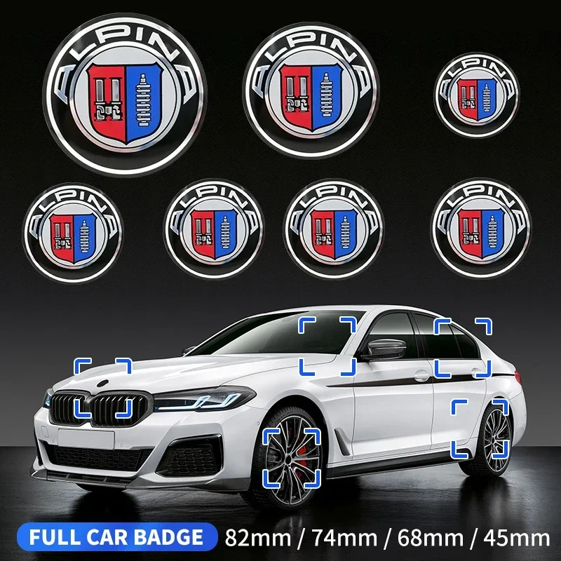 7pcs 3D ALPINA logo car Front Hood Emblem 82mm+Rear Badge 74mm+Wheel Hub Cap 68mm+steering wheel sticker 45mm Decal Styling