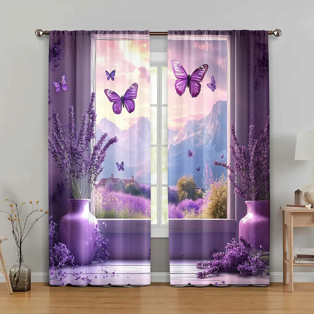 

2pc, Drapes Lavender scene 3D windowing Machine Washable Fabric,Without Electricity Holiday Decorations Suitable for Bedroom