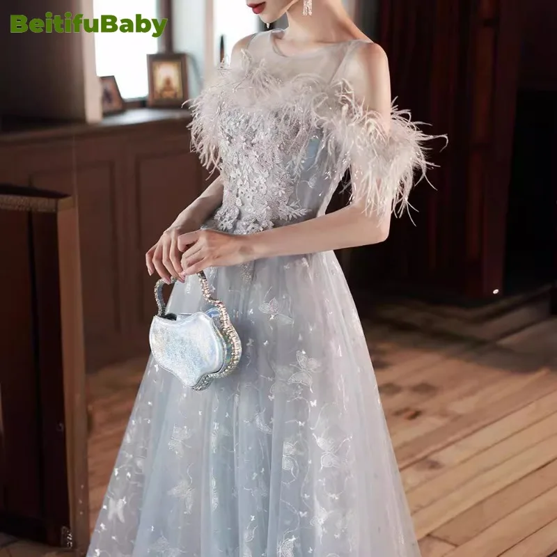 BeitifuBaby Women\'s Evening Dress Vestidos De Fiesta Elegant Palace Style Sleeveless Feather Neck Sequins Skirts Banquet Gown