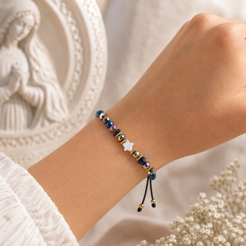 1pc Star Beaded Strand Bracelet with Shell Star Copper Beads Multicolor Faceted Beads Adjustable Black Lace-Up Cord for Women