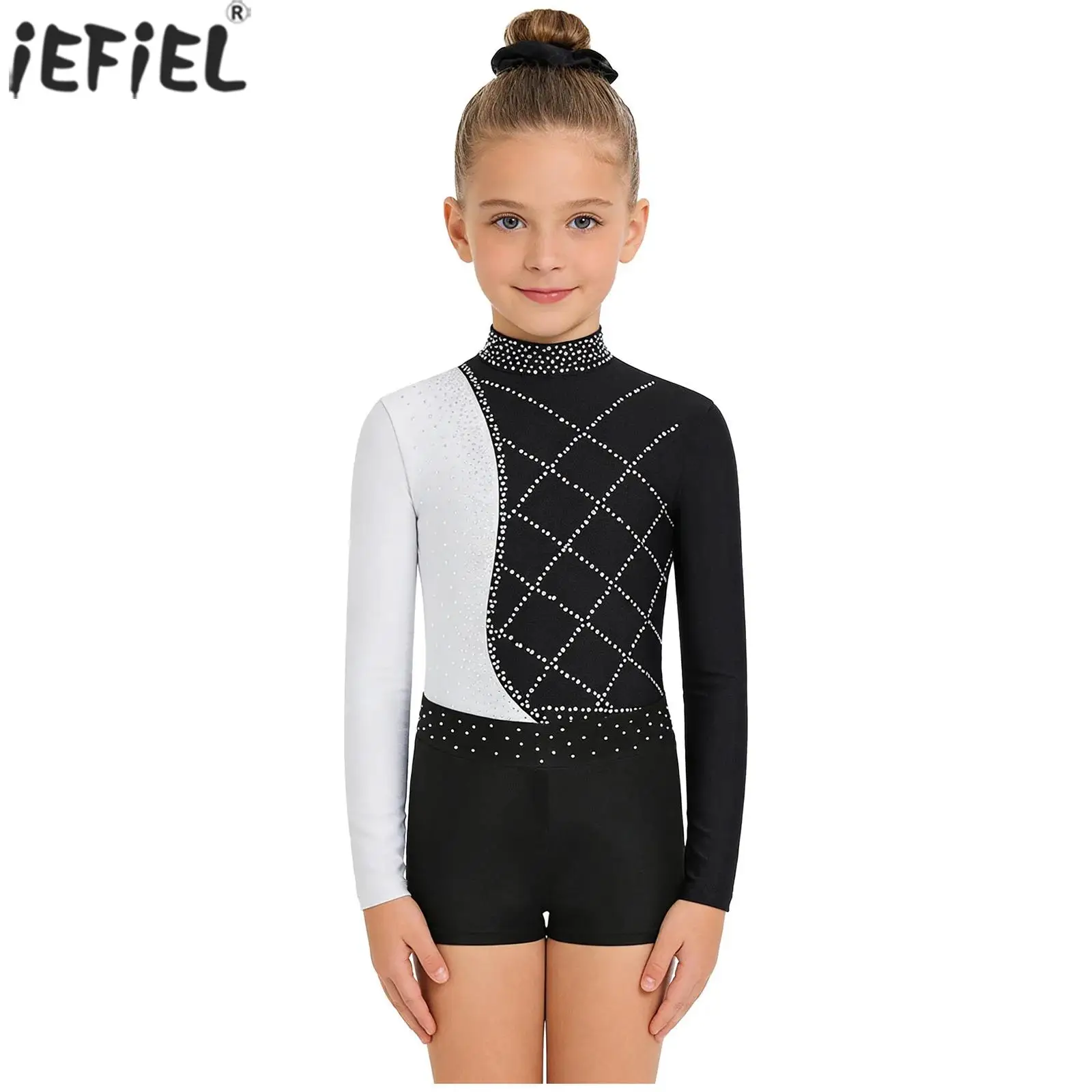Kids Girls Gymnastics Ballet Dance Figure Skating Acrobatics Costume Long Sleeve Shiny Rhinestones Leotard with Shorts Hairband
