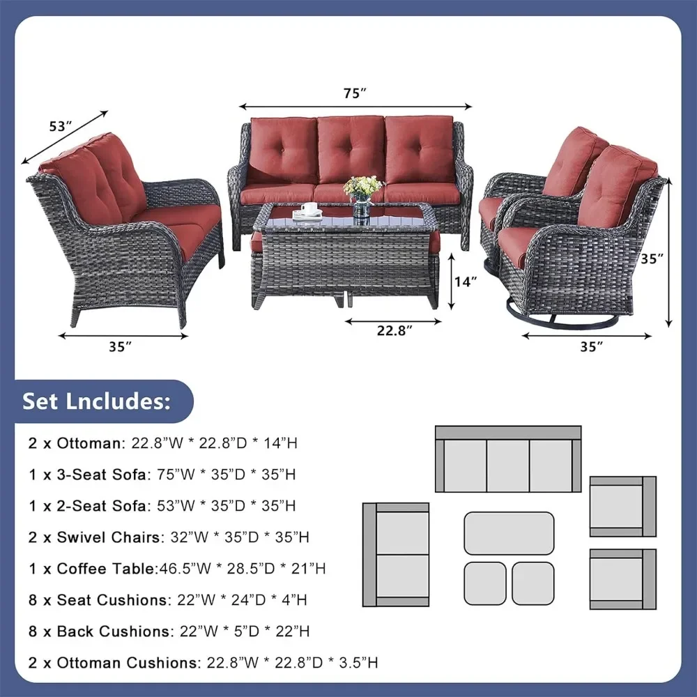 Rattan Outdoor Sectional Conversation Sets, 2 Rocking Swivel Chairs, 1 Sofa, Outdoor Furniture, Free Shipping, 7 Pcs