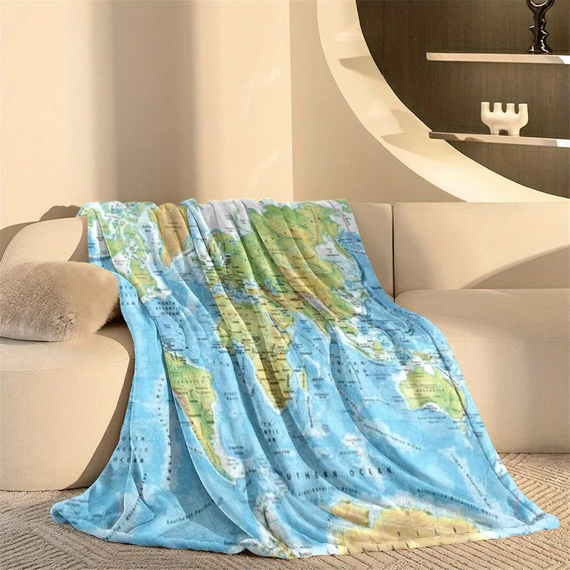 World Map Printed Flannel Blanket - Soft All-Season , Educational Geography Gift for Travel Camping Couch Decor
