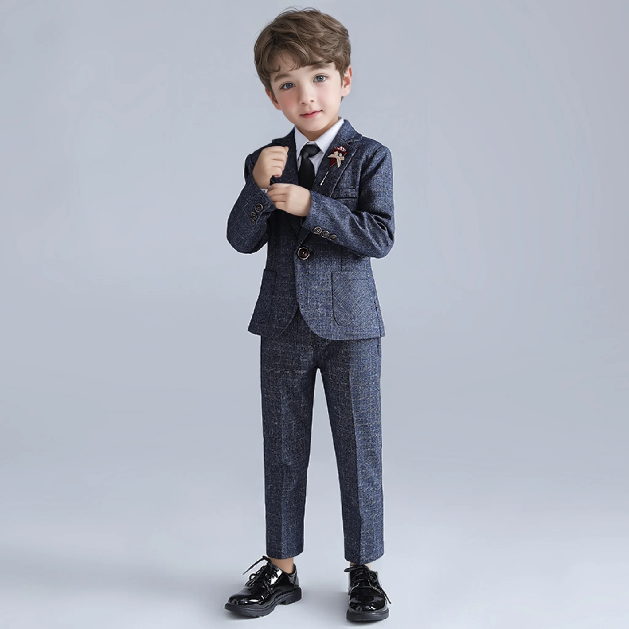 Kids 4Pieces Formal Suit Set With Jacket Pants Tie Brooch Boys Wedding Birthday Party Dress Children's Piano Performance Costume