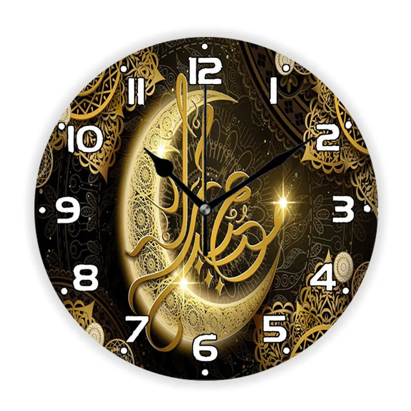 3D Luxurious Black Gold Eid Mubarak Arabic Traditional Large Wall Clock Living Room Ramadan Islamic Moselm Wall Watch Home Decor