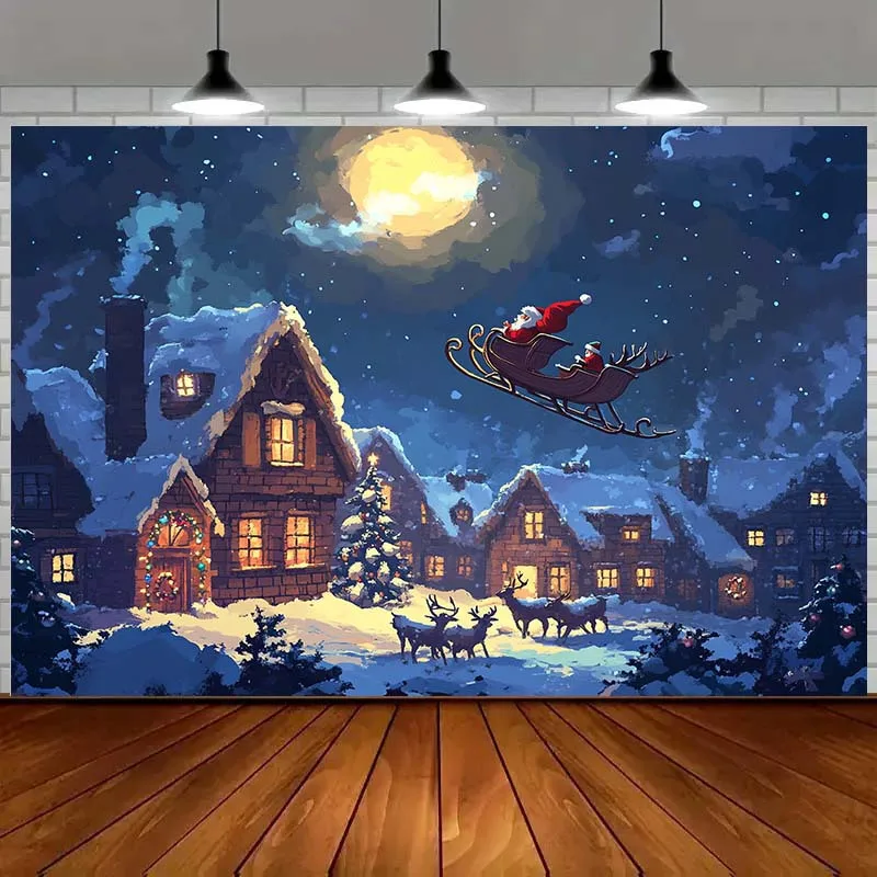 سانتا كلوز زلاجات قرية عيد الميلاد خلفية مع القمر والثلج والرنة - بوليستر، لا يتطلب طاقة