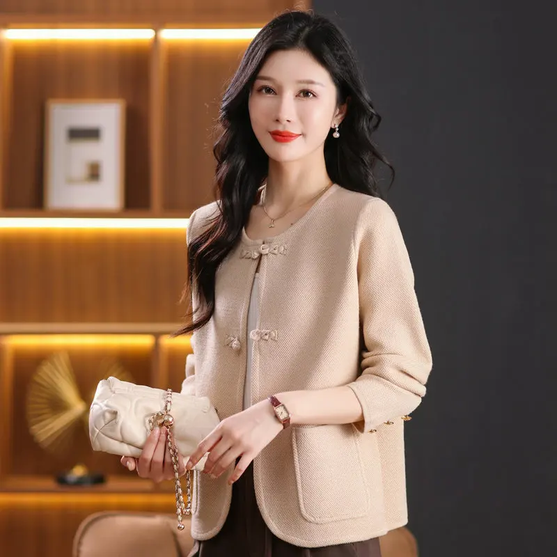 Simple Style Office Lady Look Red Camel Black Knitted Coat For Women Round Collar Single Breasted Oriental Button Design Jackets