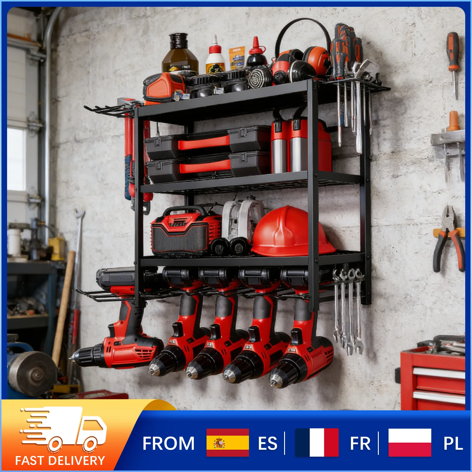 Estante de Herramientas para Pared de Garaje con Diseño de Almacenamiento Eficiente, Construcción Metálica Resistente, Montaje Rápido, para Taller y Cobertizo