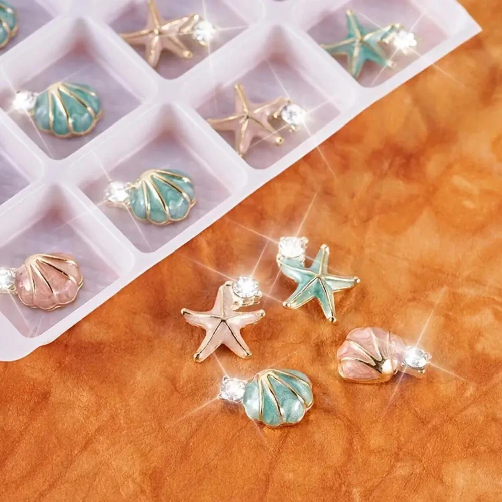 20개/박스 3D 지르콘 메탈 쉘 네일 참 믹스 쉘&불가사리 합금 크리스탈 네일 아트 DIY 여름 바다 조개 네일 부품 JE-1