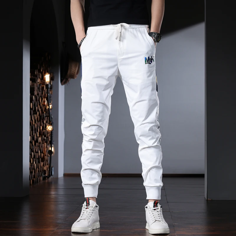 White Sport Men's Pants Summer Joggers Fashion Printed Ankle-Length Pants Casual Slim Fit Elastic Waist Drawstring Trousers