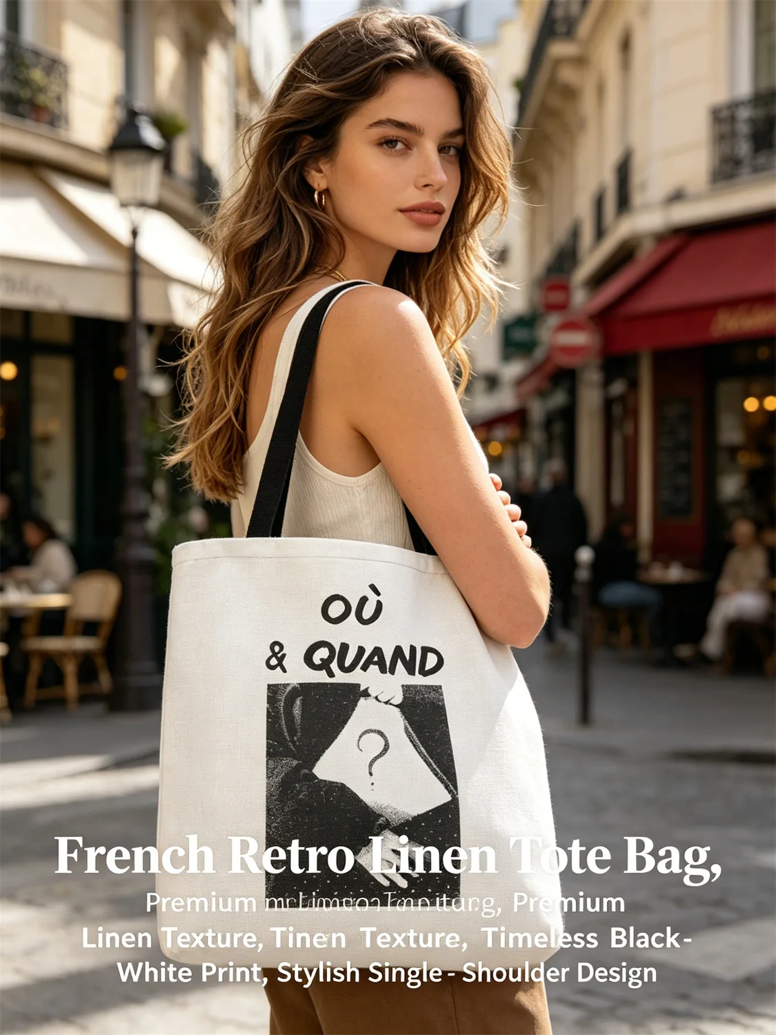 

2026 Women's Shoulder Bag, Vintage French Où & Quand Question Typography Art Print Handbag, Stylish Daily Tote Bag for Casual Ca
