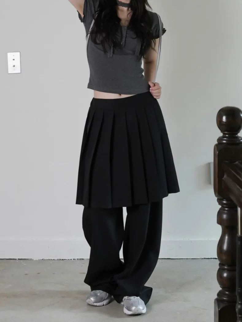 الخريف الشتاء خمر تصميم مطوي تنورة فضفاضة بنطال ذو قصة أرجل واسعة تنوعا اليابانية Sle السراويل كاذبة قطعتين السراويل الطويلة