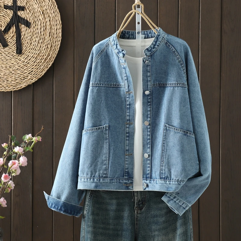 

SuperAen Oversize Stand-up Collar Denim Coat for Women 2025 Autumn New High Street Loose Casual Short Coats