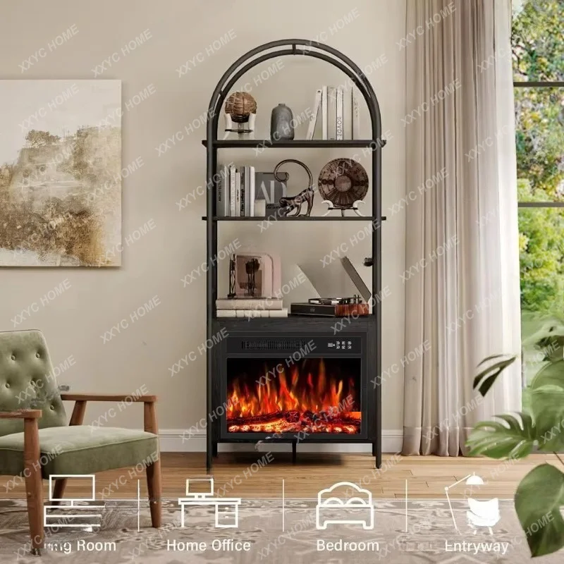 XXElectric Fireplace with Bookshelf,  Tall Curved Bookcase, Remote, Timer, Lifelike Flame, Storage for Home or Office, Black