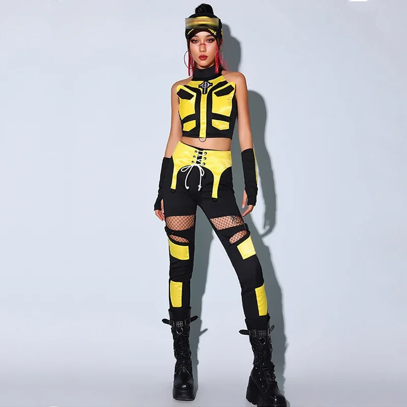 ชุดเต้นแจ๊สผู้หญิง ชุดคอสเพลย์เคป๊อป เสื้อสีเหลืองดำ กางเกง ชุดแสดงสำหรับไนต์คลับ บาร์ ดีเจ ชุดเรฟ แดร็กควีน รุ่น BL12932