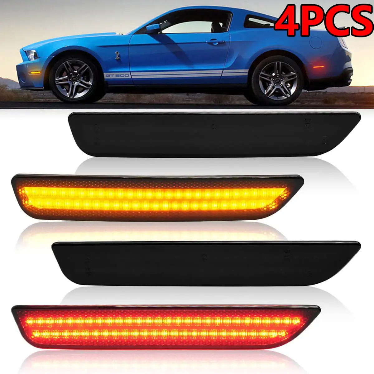 

4pcs Smoked Front Rear LED Side Marker Lights Amber Red Turn Signal Lamp Ford Mustang Base GT 2010 2011 2012 2013 2014 Car Light