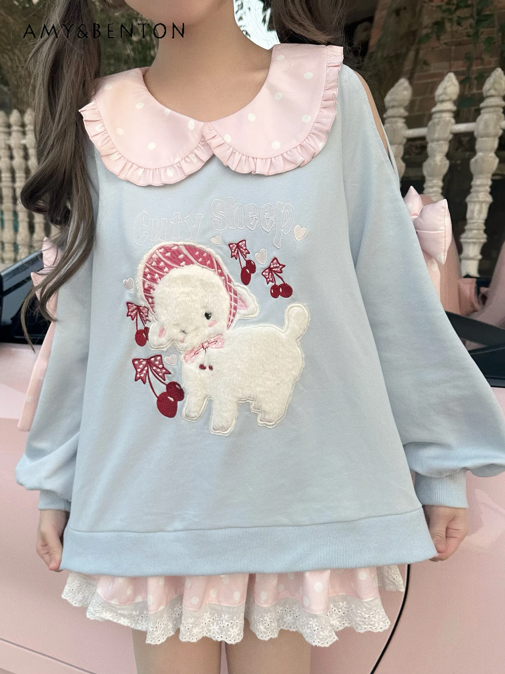 Original Spring New Sweet Cartoon Printed Cute Doll Collar Thin Hoodies Women Sexy Off-Shoulder Patchwork Oversized Sweatshirt