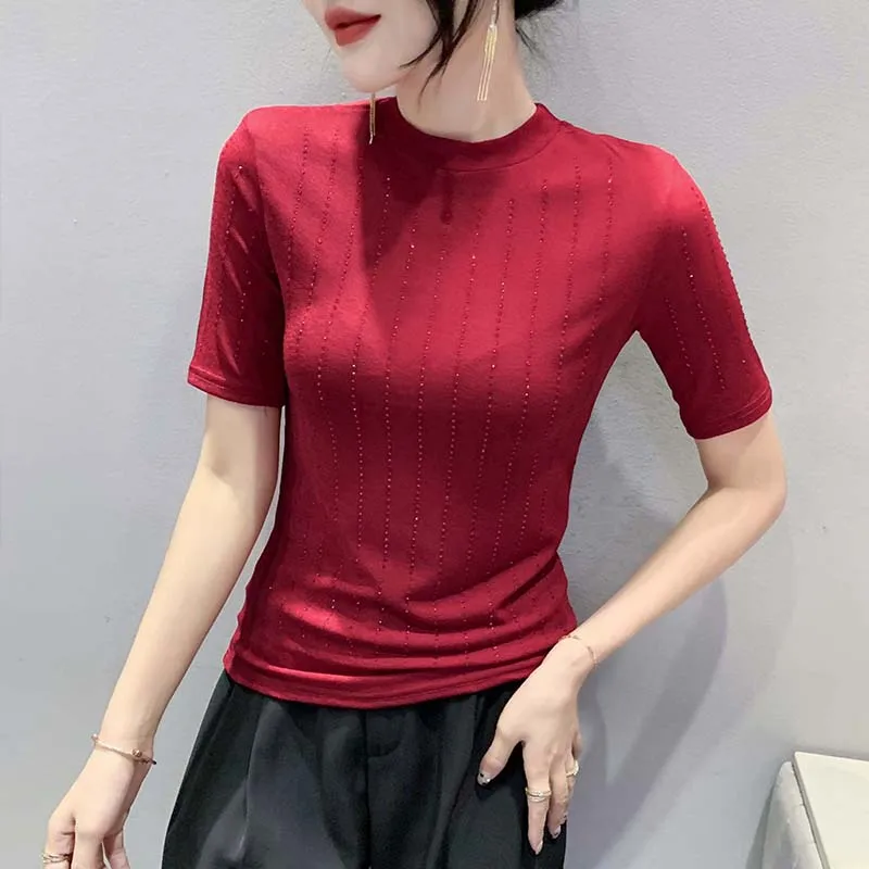 MadBlack-Women's European T-Shirt, Sexy Mock Neck Diamonds Patchwork, Streetwear Short Sleeve Slim Tee, 2025 Summer New T52820CC