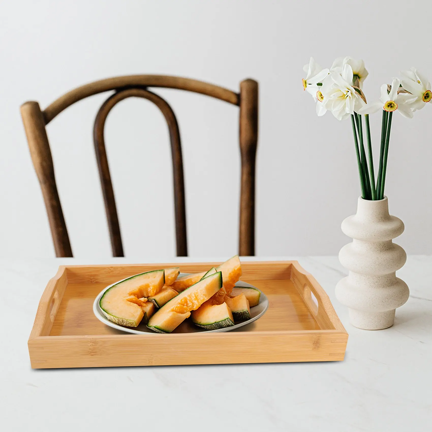 Serving Tray Bamboo - Wooden Tray With Handles - Great For Dinner Trays, Tea Tray, Bar Tray, Breakfast Tray, Or Any Food Tr