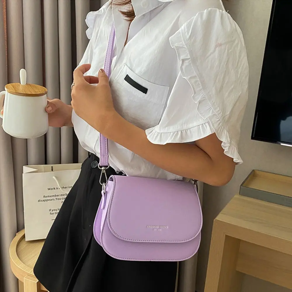 Trendy Saddle Shoulder Bag Women PU Leather Crossbody Bag Simple Solid Color Flap Messenger Bag Fashion Handbags Pouch