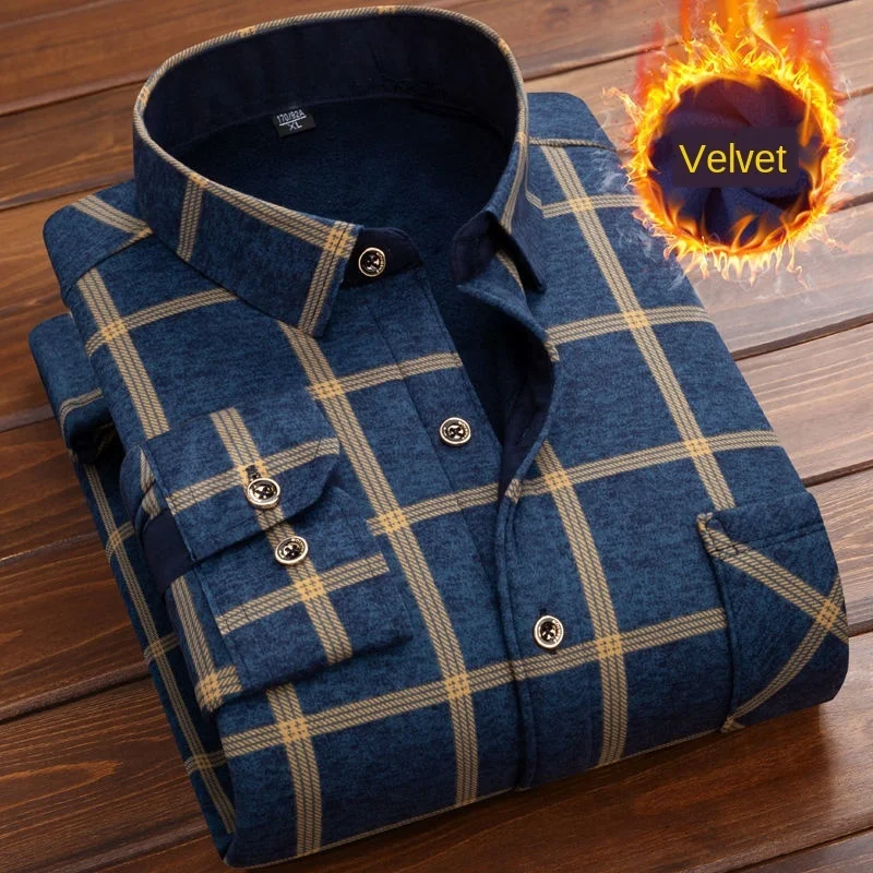 ผู้ชายความร้อนเสื้อฤดูหนาวหนา Flannel ลายสก๊อตเสื้อทำงานชายเสื้อ Casual Slim Fit Thermo เสื้อ6XL