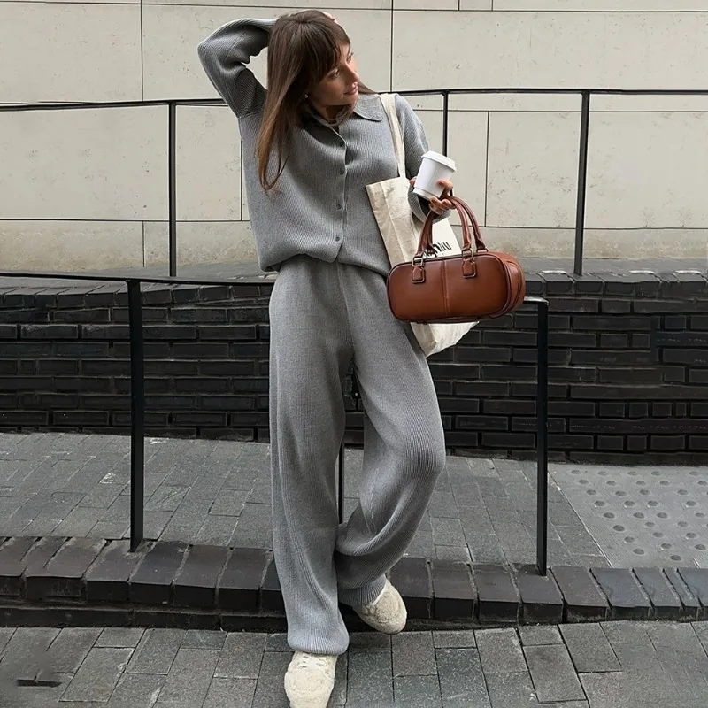Tuularose Knitted Trousers 2 Piece Solid Casual Loose Cardigan Sweater New Ribbed Pant Sets 2025 Autumn Office Women Pant Sets