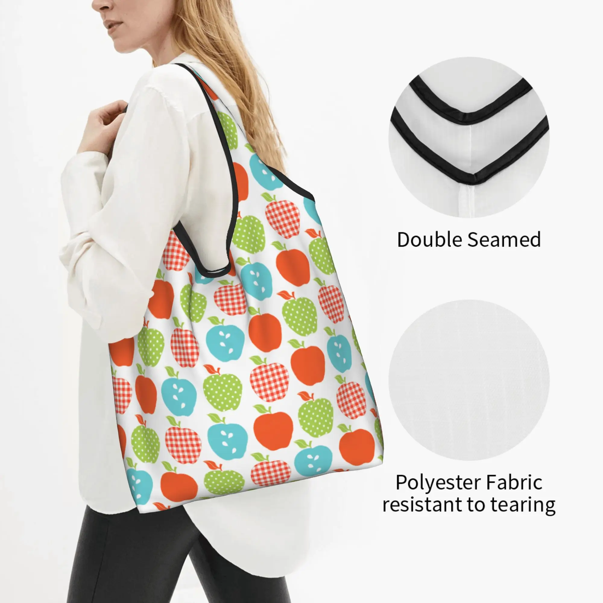 Custom Retro style Apple Seamless Pattern Shopping Bags Women Portable Big Capacity Groceries  Tote Shopper Bags