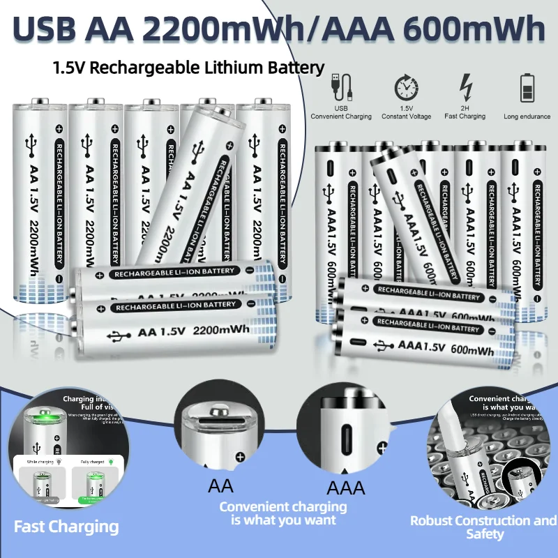 

1.5V AA 2200mWh AAA 600mWh Rechargeable Lithium Battery USB-C Fast Charge for Mic Toy Flashlight Camera Keyboard High Capacity