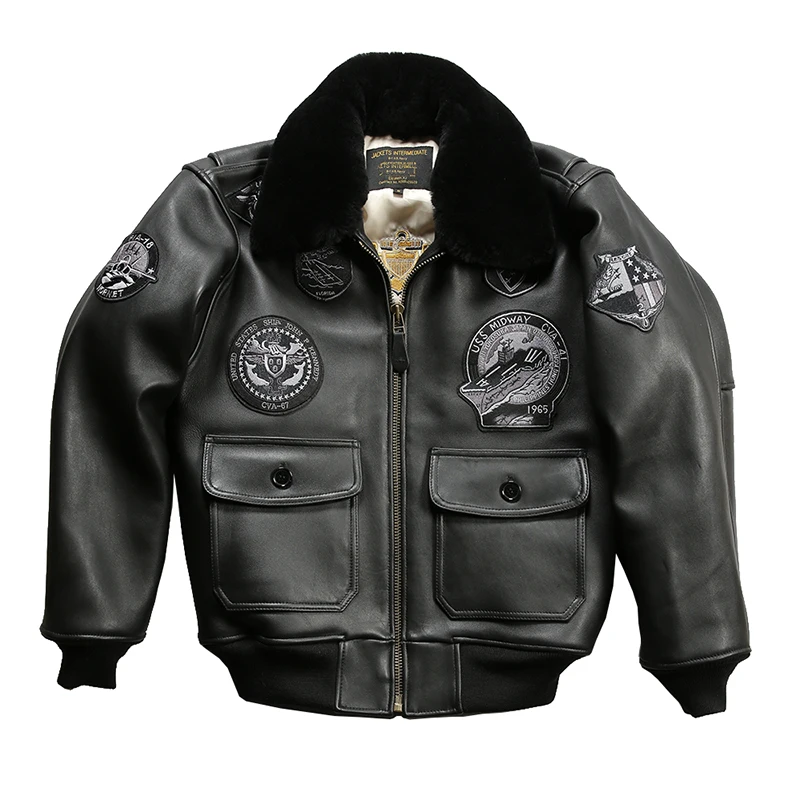 

European Plus Size Winter G1 Bomber Detachable wool Embroidery Real Leather Jacket Heavy Black Lamb Skin Classic Men's Wear