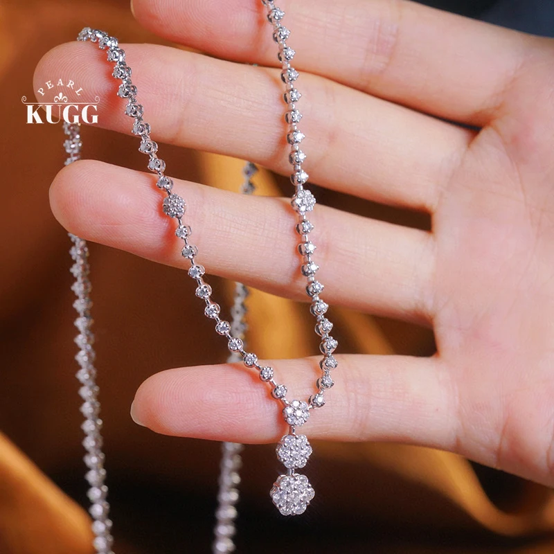 KUGG 18K White Gold Necklace Shiny 2.8carat Real Natural Diamond Necklace for Women Romantic Flower Design High Wedding Jewelry