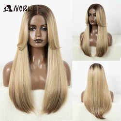 Perruque Lace Front Wig synthétique lisse sans colle-Noble, perruque Lace Wig, blonde miel ombré, marron, 24 pouces, perruque Lace Wig à reflets, perruque Cosplay pour femmes