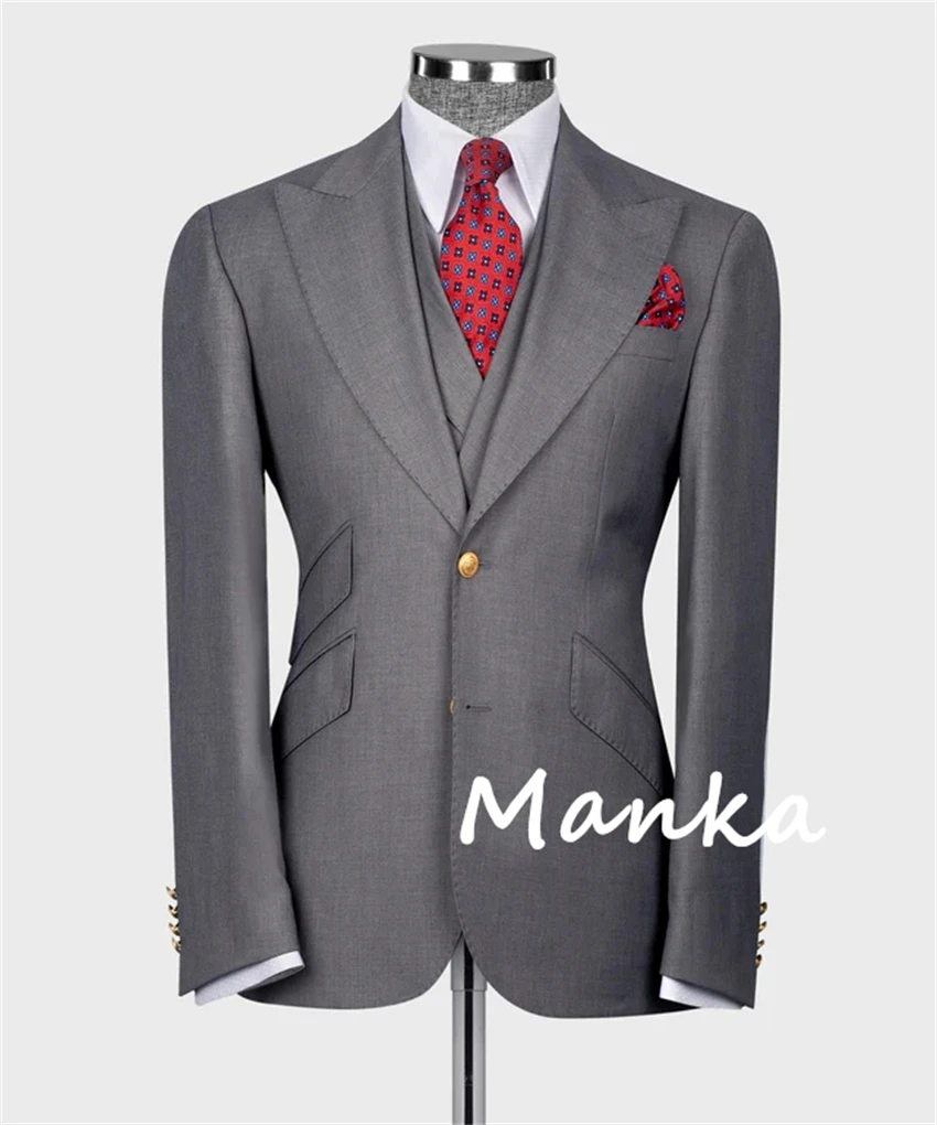 Classic Grey Men's Suits for Wedding Groom Wear Slim Fit 3PCS Blazer Vest Pants Formal Business Office Male Suit