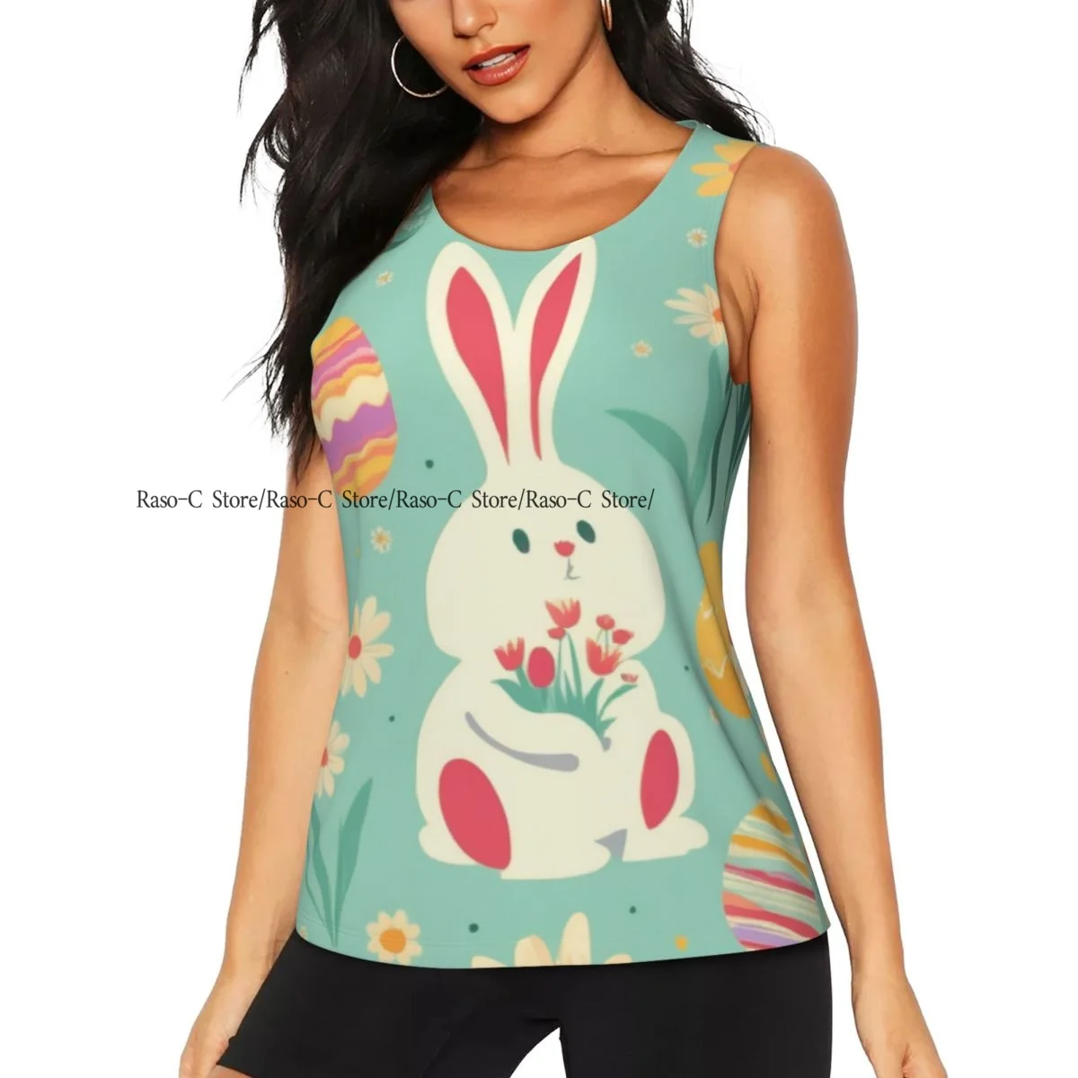 Women Sport tank Tops Loose Yoga Tops Quick Dry Workout Sport Tops Whimsical Easter Rabbits And Colorful Eggs Yoga Shirt
