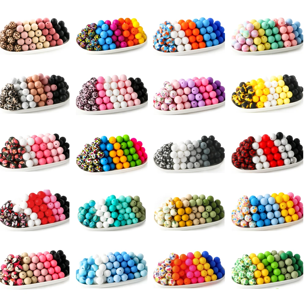 30Pcs 15MM Round Silicone Beads Printed Beads Mix Color Set For Jewelry Making DIY KeyChain Pen Bracelet Necklace Accessories