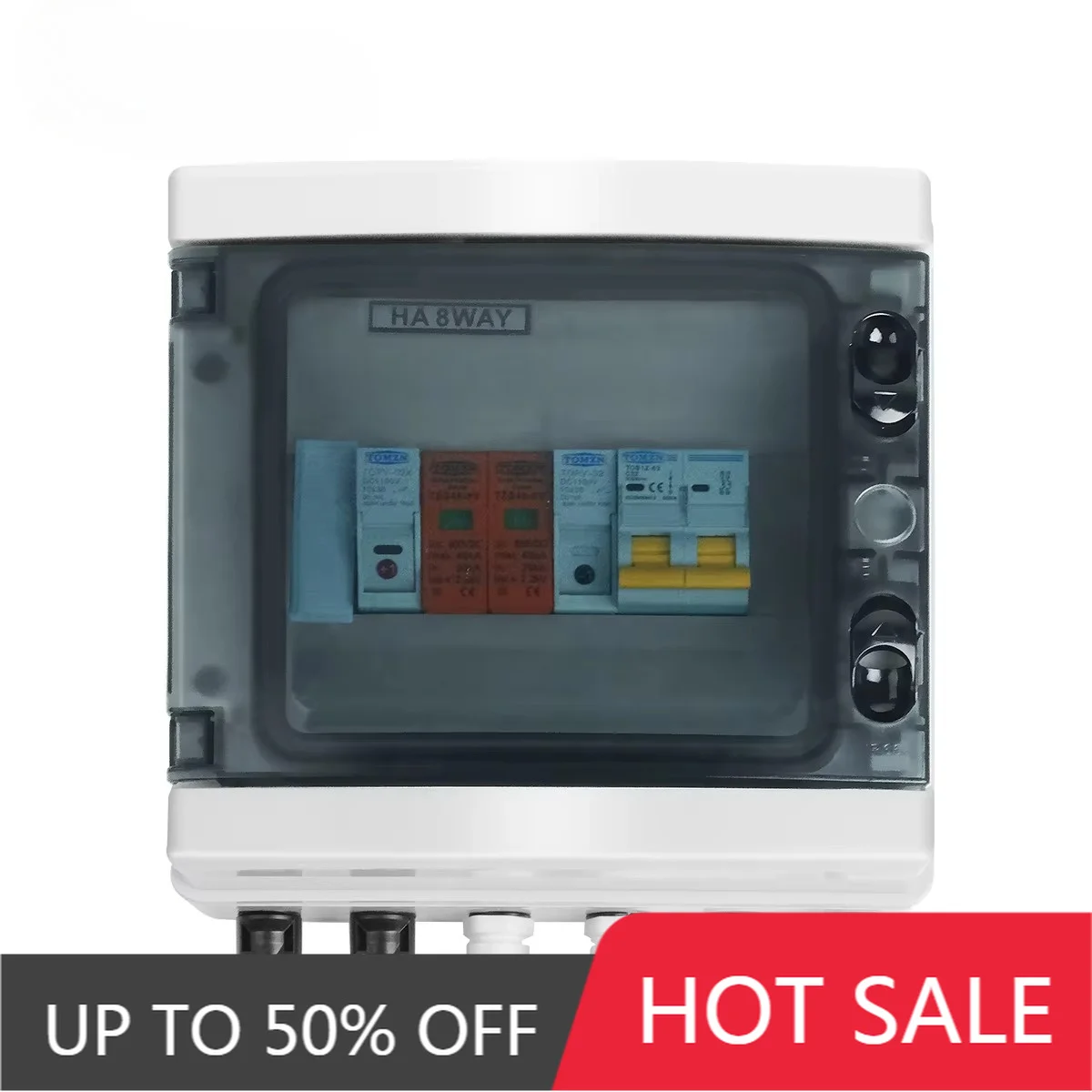 Outdoor TOMZN IP65 Solar Combiner Box, DC600V 1 Input 1 Output Built-in MCB Fuse SPD, 32A/63A Current Capacity