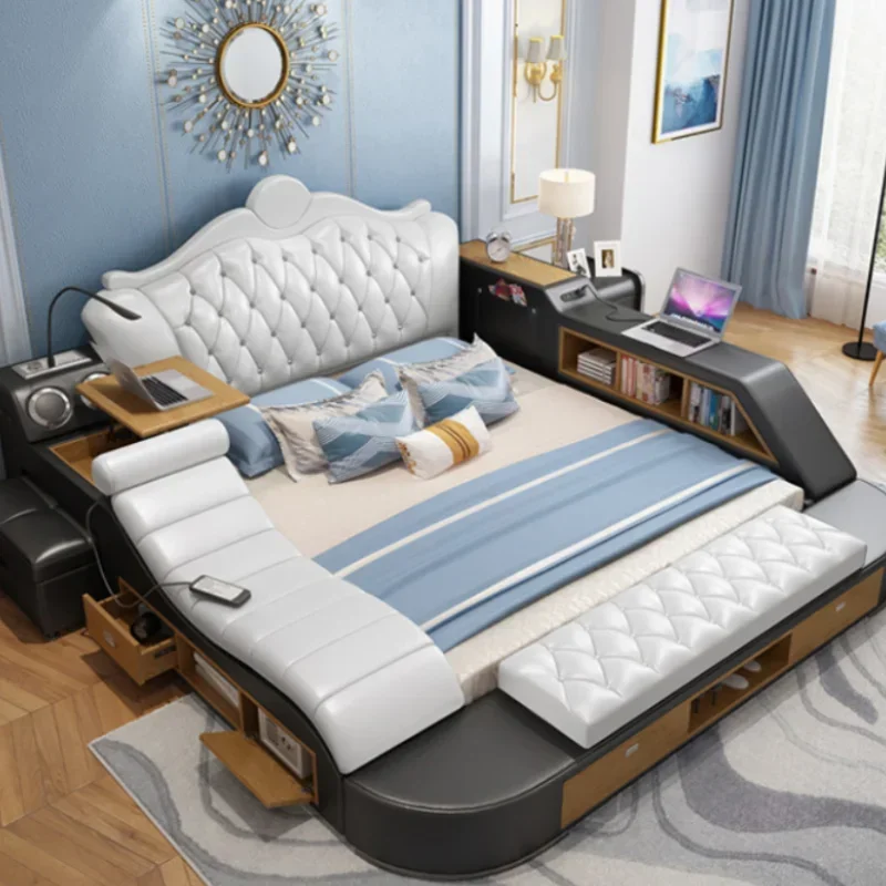 High End Queen Double Bed Frame Nordic European Princess Luxury Twin Bed Frame Genuine Leather Lit Deux Place Room Furniture