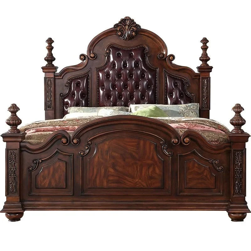 #American solid wood leather double 1.8 meters master bedroom carved European bed pillar wedding  retro leather ar