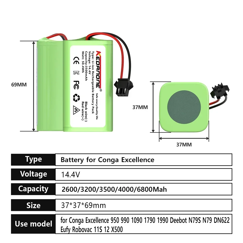 Batería de iones de litio para Conga Excellence, 14,4 V, 6800mAh, 950, 990, 1090, 1790, 1990, Deebot N79S, N79, DN622, Eufy Robovac 11S, 12x500