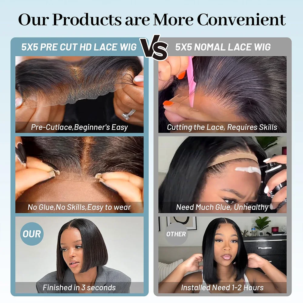 装着してすぐ使えるグルーレスウィッグ人毛プレプラッキング済みプレカット5x5 HDレースクロージャーボブウィッグストレートショートボブウィッグ人毛