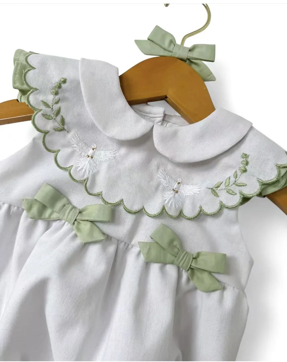 0-6Y Girl Summer Bird Embroidery White Green Rompers for Birthday Photography B560